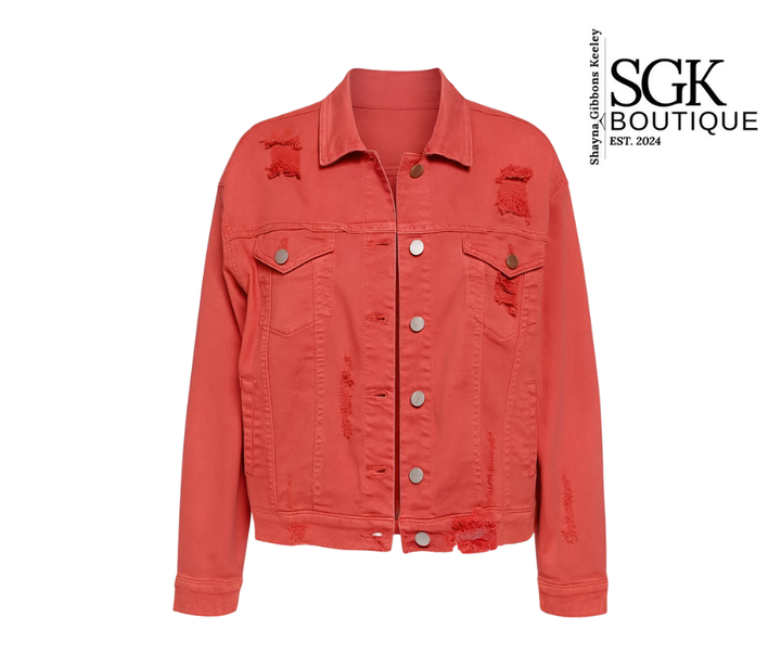 Red denim jacket on a white background with SGK Boutique logo.