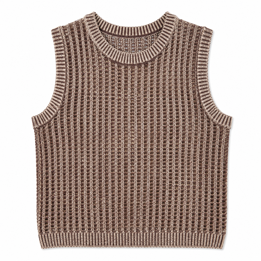 Brown knitted sleeveless sweater on a white background