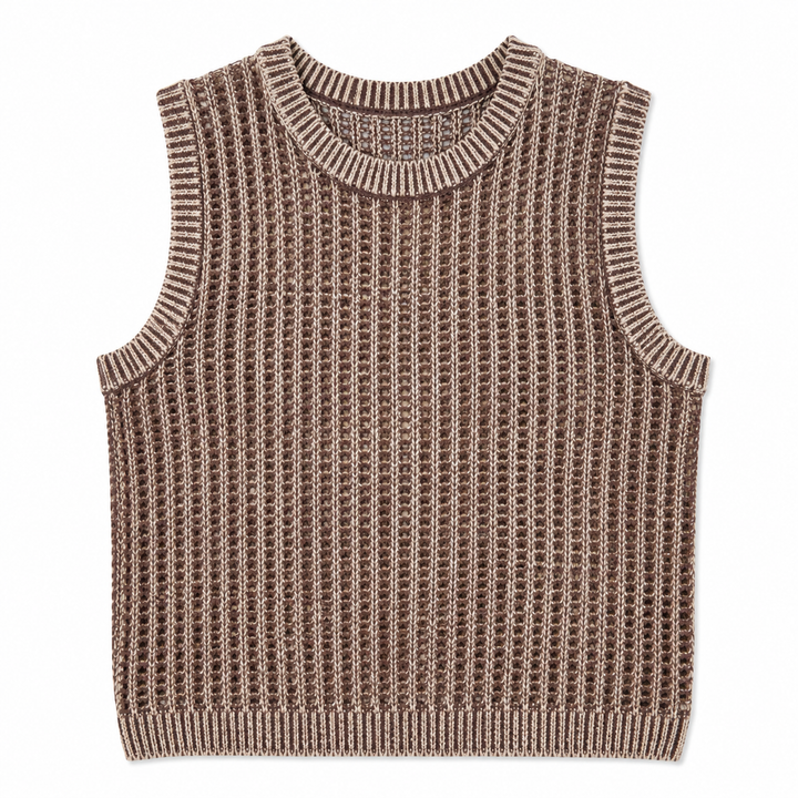 Brown knitted sleeveless sweater on a white background