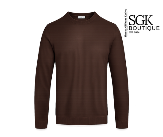 Brown sweater on a white background with SGK Boutique logo.