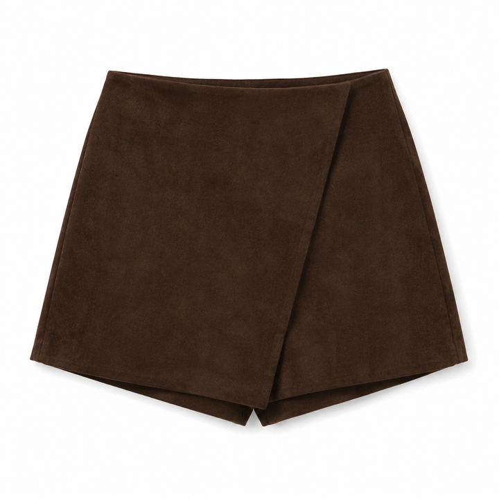 A dark brown wrap-style skort made of suede or faux suede, shown flat against a plain white background.