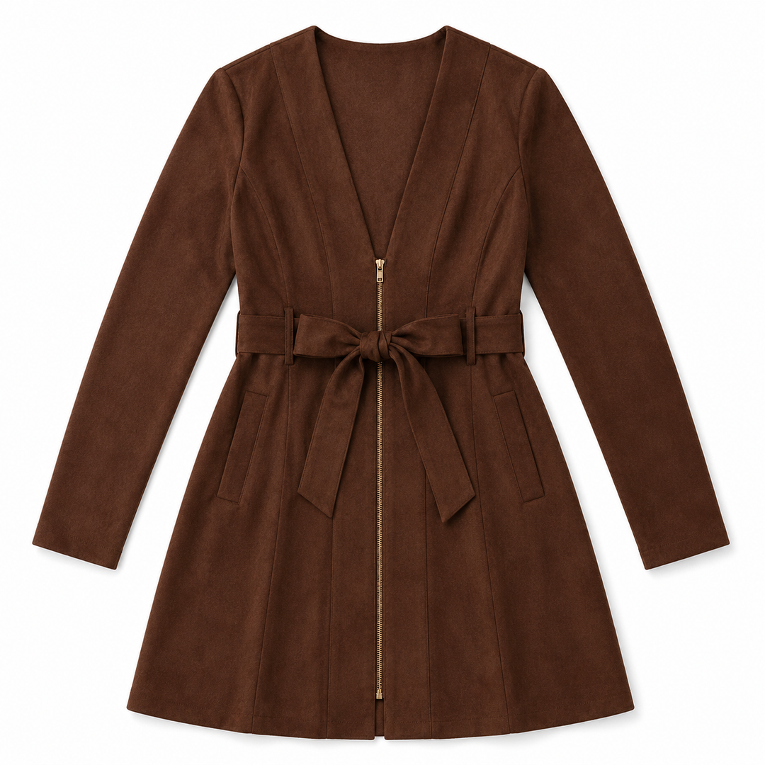 A brown faux suede long-sleeve wrap coat with a front zipper, tie belt, and side pockets, shown flat on a white background.