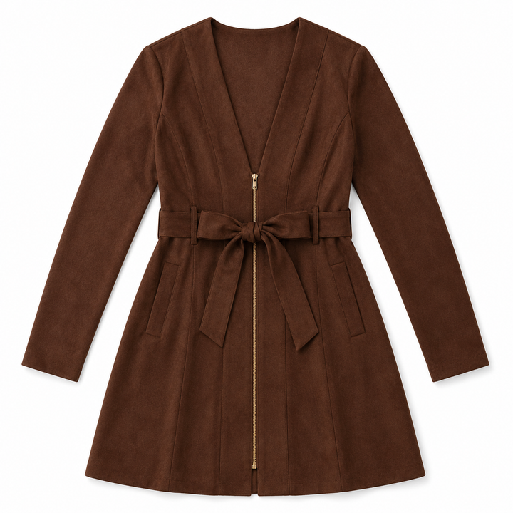 A brown faux suede long-sleeve wrap coat with a front zipper, tie belt, and side pockets, shown flat on a white background.