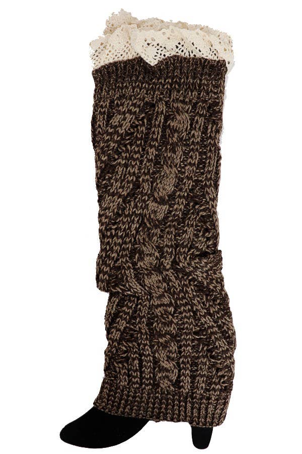 Brown knitted leg warmers with lace top on a white background
