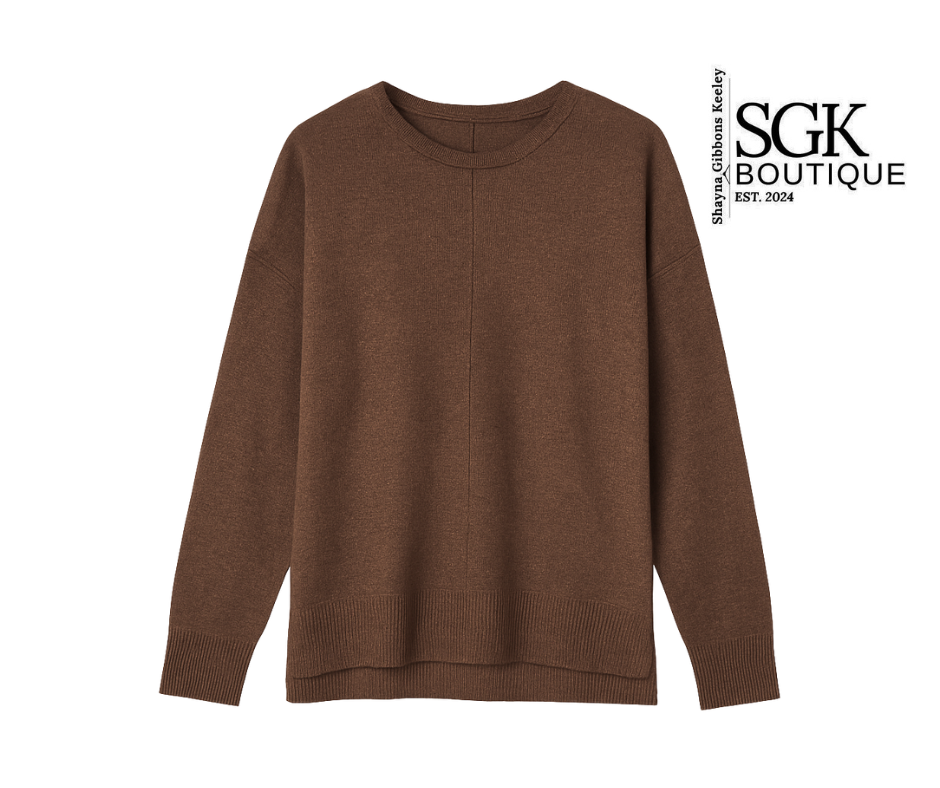 Brown sweater on a white background with SGK Boutique logo.