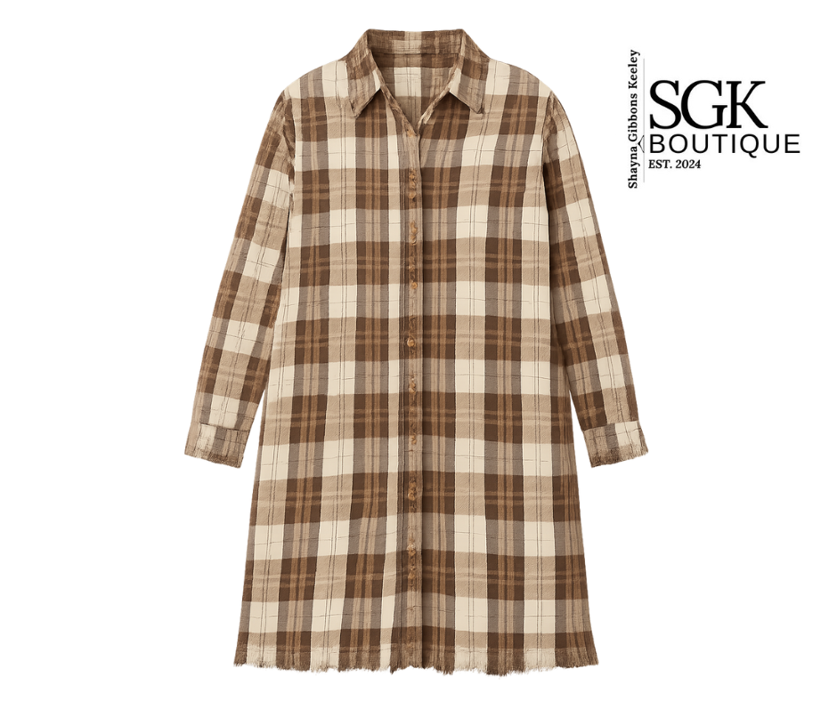 Plaid shirt dress on a white background with SGK Boutique logo.