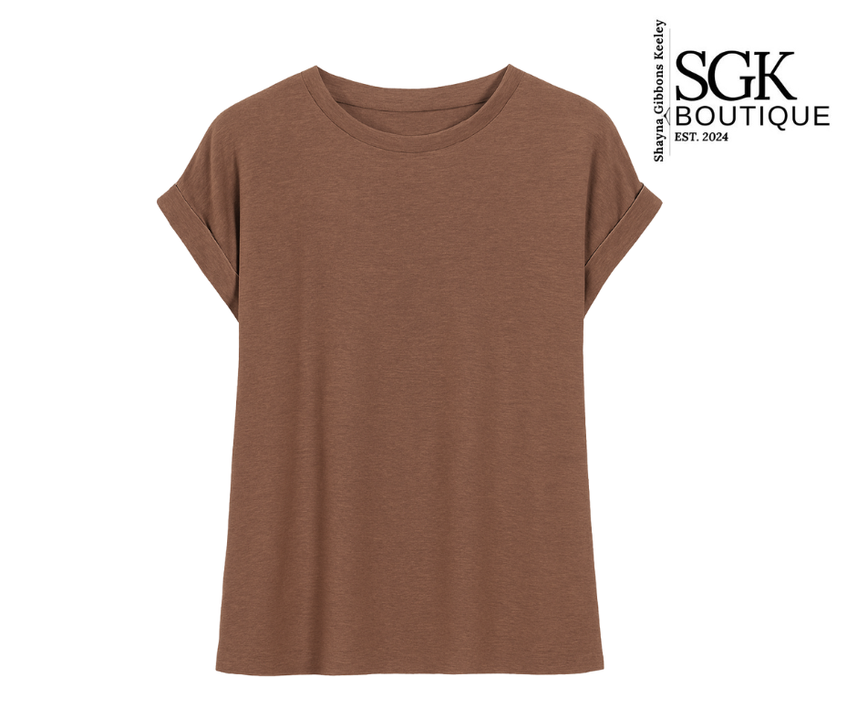 Brown t-shirt on a white background with SGK Boutique logo.
