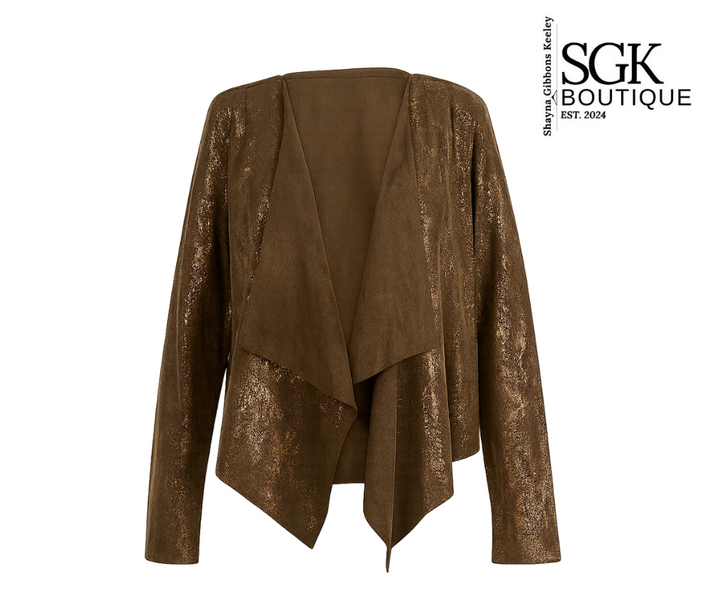 Brown snake jacket on a white background with SGK Boutique logo.