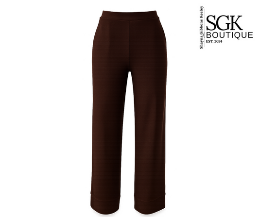 Brown pants on a white background with SGK Boutique logo.