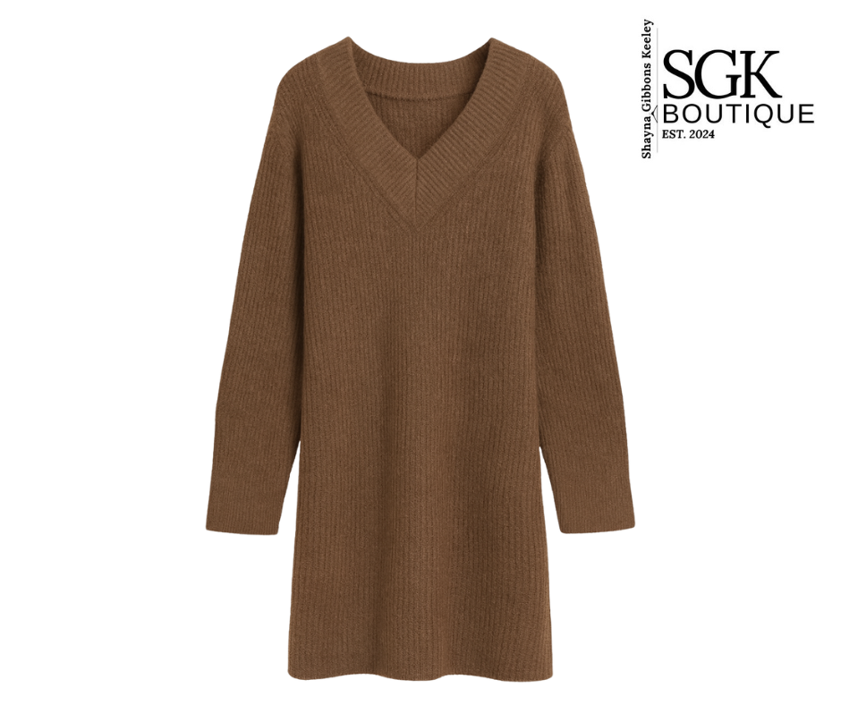 Brown sweater dress on a white background with SGK Boutique logo.