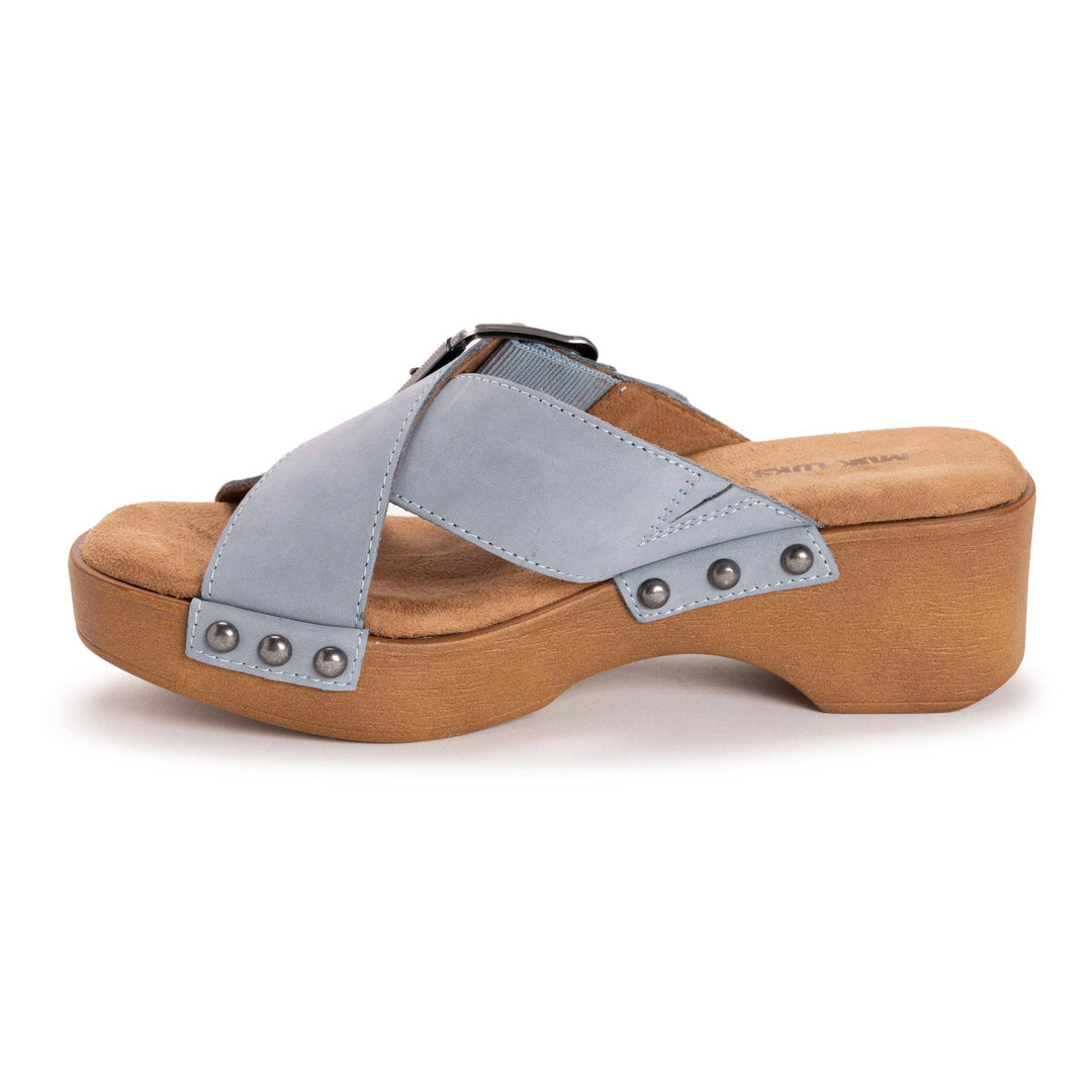 Wooden clog sandal with a gray strap on a white background