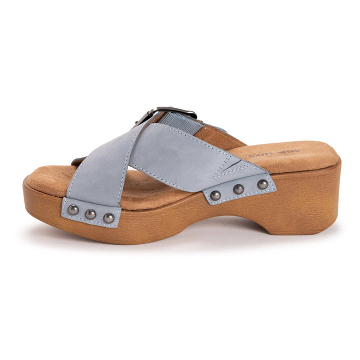 Wooden clog sandal with a gray strap on a white background