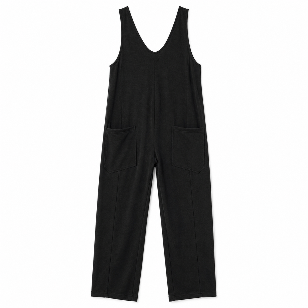 Black wide leg overall jumpsuit on a white background