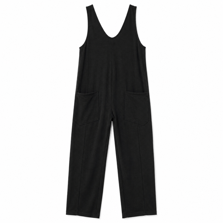 Black wide leg overall jumpsuit on a white background