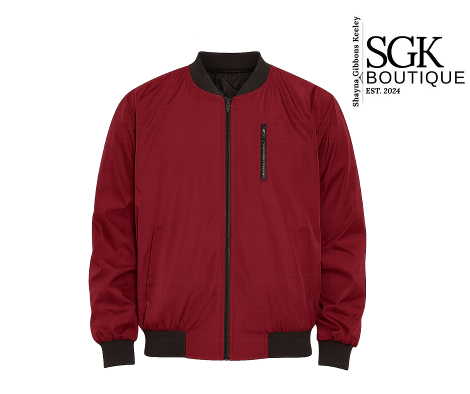 Wine bomber jacket with black accents on a white background, featuring the SGK Boutique logo.