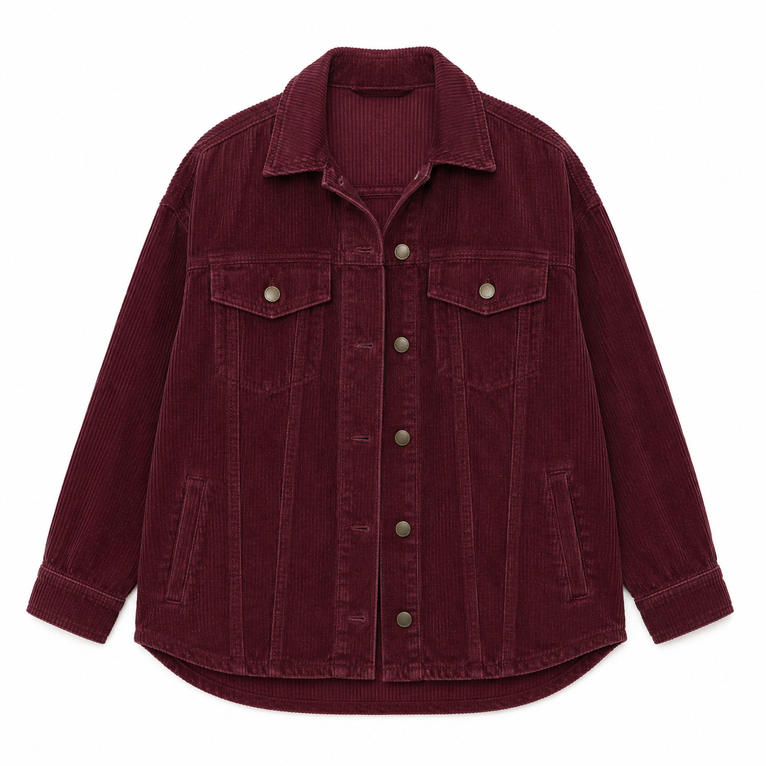 A dark burgundy corduroy jacket with a button-up front, two chest flap pockets, and two lower side pockets, shown flat on a white background.