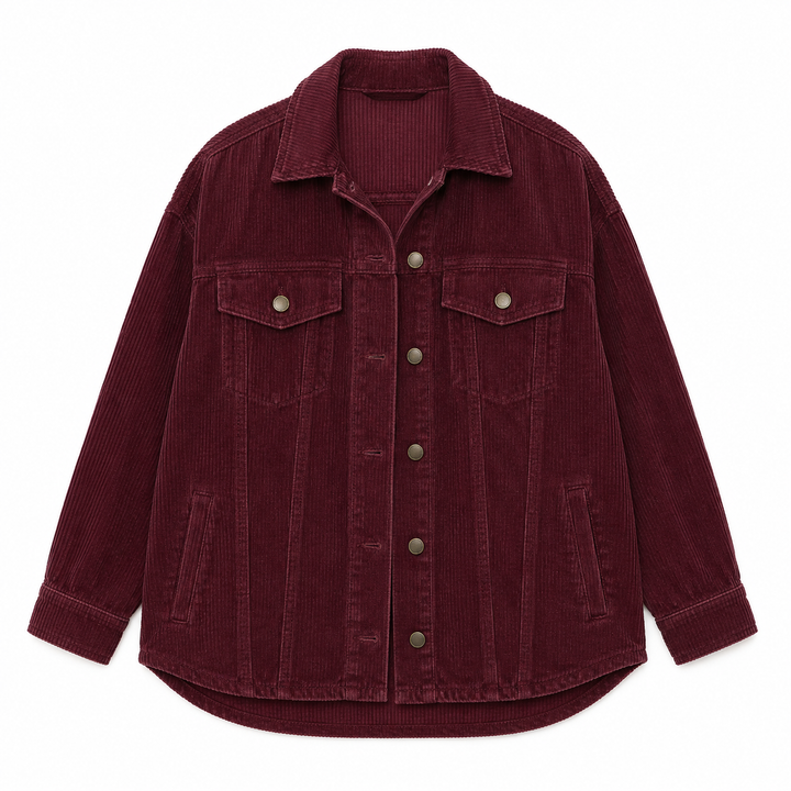 A dark burgundy corduroy jacket with a button-up front, two chest flap pockets, and two lower side pockets, shown flat on a white background.