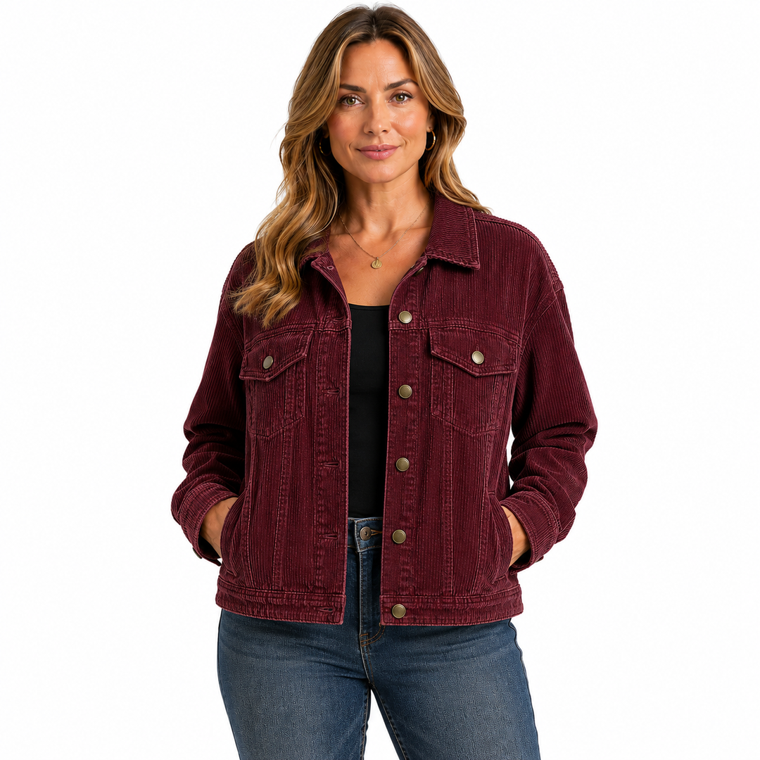 A woman modeling a corduroy jacket in burgundy, worn over a black top and blue jeans, against a plain white background.