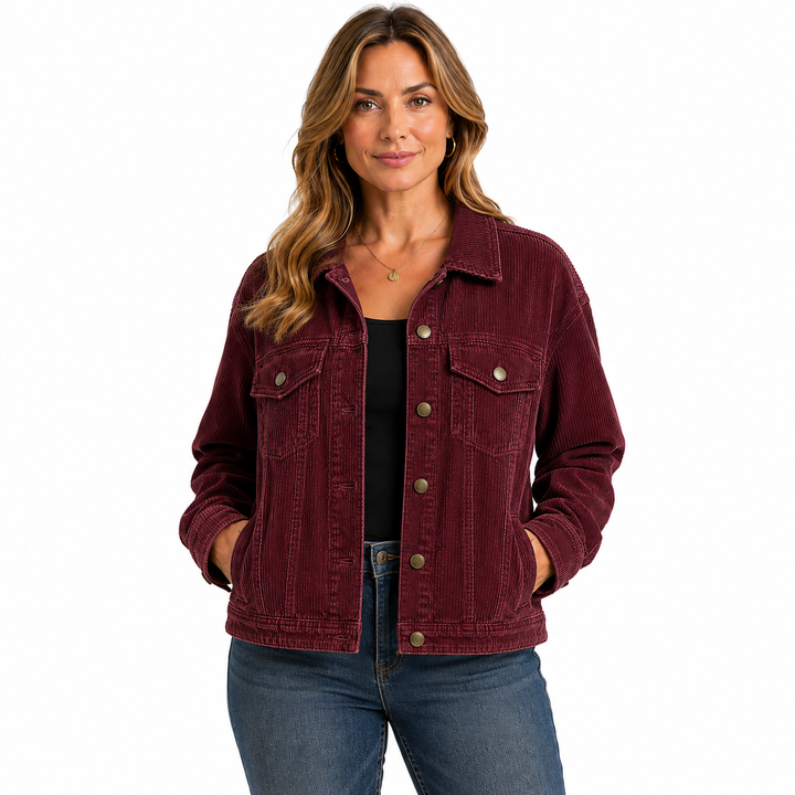 A woman modeling a corduroy jacket in burgundy, worn over a black top and blue jeans, against a plain white background.