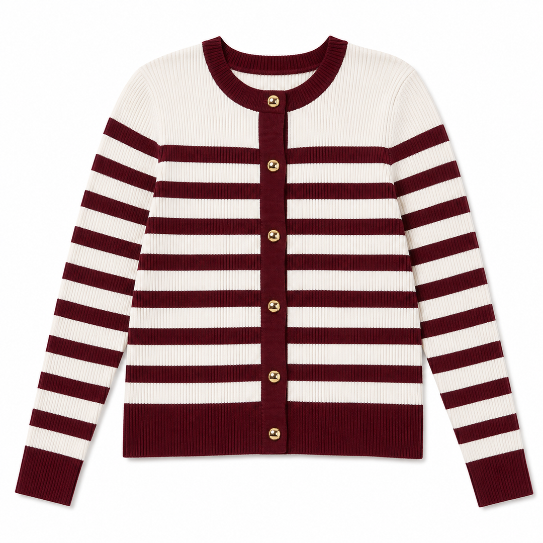 A long-sleeve knit cardigan sweater with horizontal burgundy and cream stripes, featuring a round neckline, ribbed cuffs and hem, and five gold-tone buttons down the front.