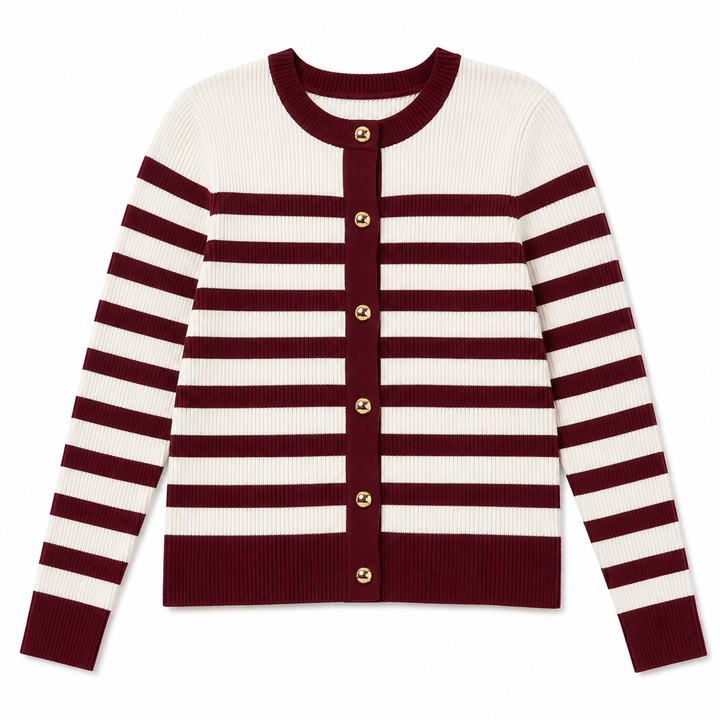 A long-sleeve knit cardigan sweater with horizontal burgundy and cream stripes, featuring a round neckline, ribbed cuffs and hem, and five gold-tone buttons down the front.