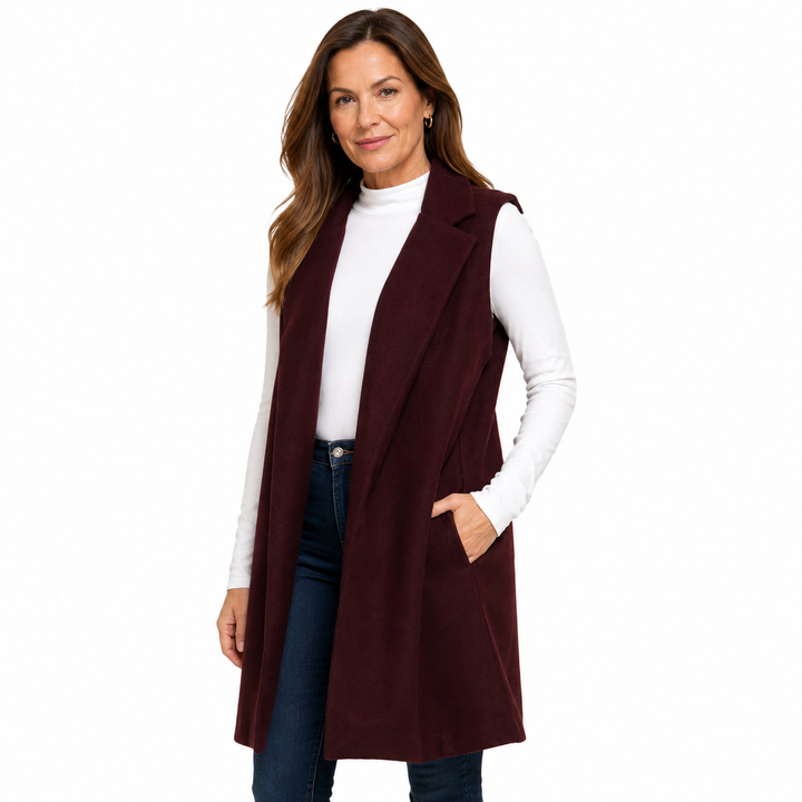 A woman modeling a sleeveless, open-front longline vest in deep burgundy over a white mock neck top and dark blue jeans, set against a plain white background.
