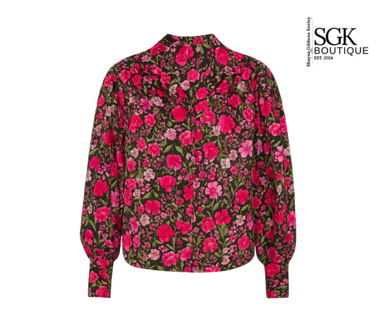 Floral patterned shirt with pink and red flowers on a white background, featuring SGK Boutique logo.