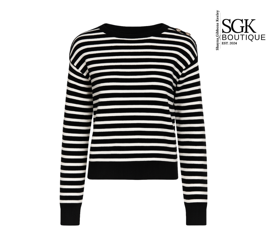 Black and white striped sweater with SGK Boutique branding on a white background