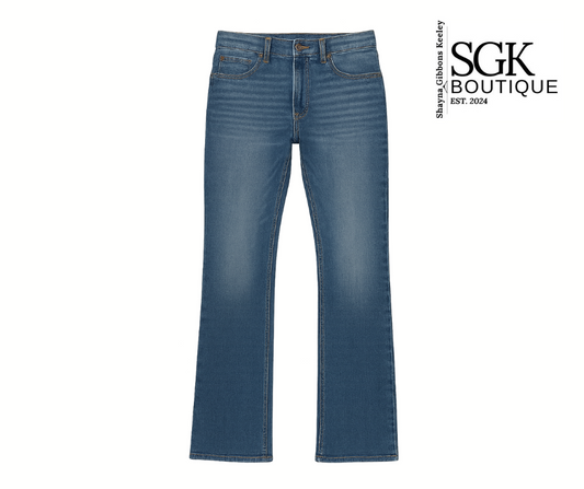 Blue jeans on a white background with SGK Boutique logo.