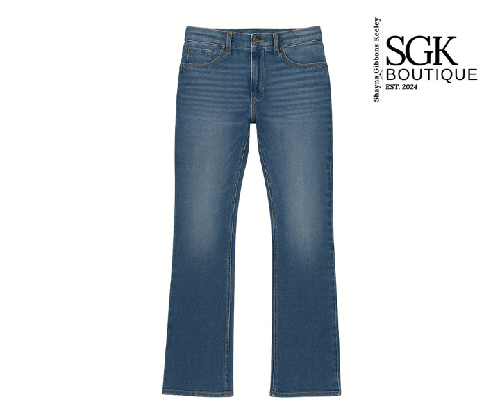 Blue jeans on a white background with SGK Boutique logo.