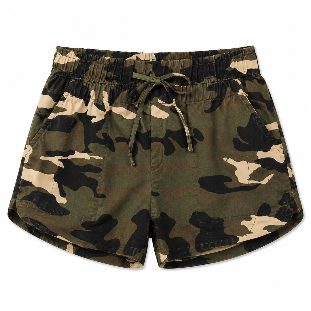 Camouflage shorts with drawstring on a white background