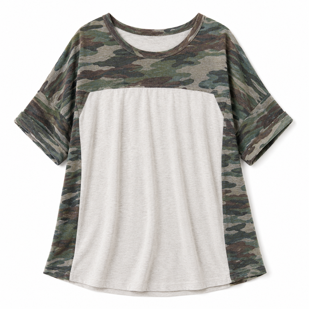 A short-sleeve crewneck t-shirt featuring a solid light heather gray front panel and camouflage print sleeves and upper chest, shown on a plain white background.