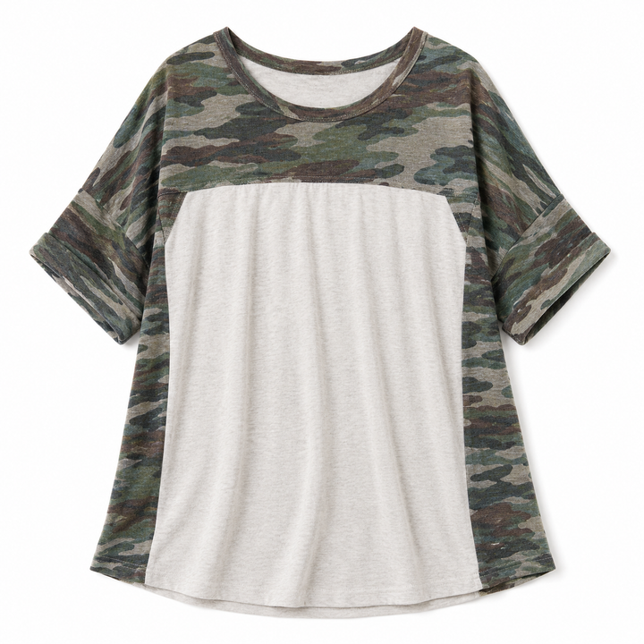 A short-sleeve crewneck t-shirt featuring a solid light heather gray front panel and camouflage print sleeves and upper chest, shown on a plain white background.