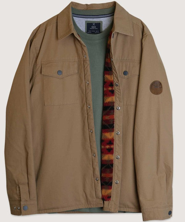 Tan jacket with a colorful lining on a white background