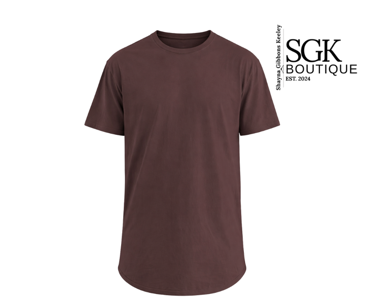 Brown t-shirt on a white background with SGK Boutique logo.