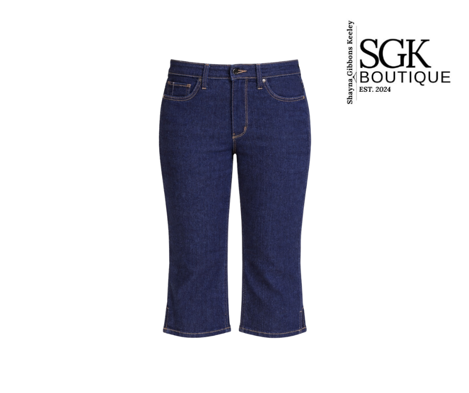 Blue jeans on a white background with SGK Boutique logo.