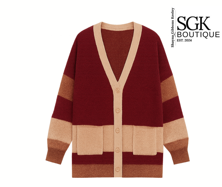 Maroon and beige striped cardigan with buttons on a white background, featuring SGK Boutique logo.