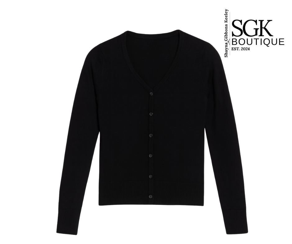 Black cardigan on a white background with SGK Boutique logo.