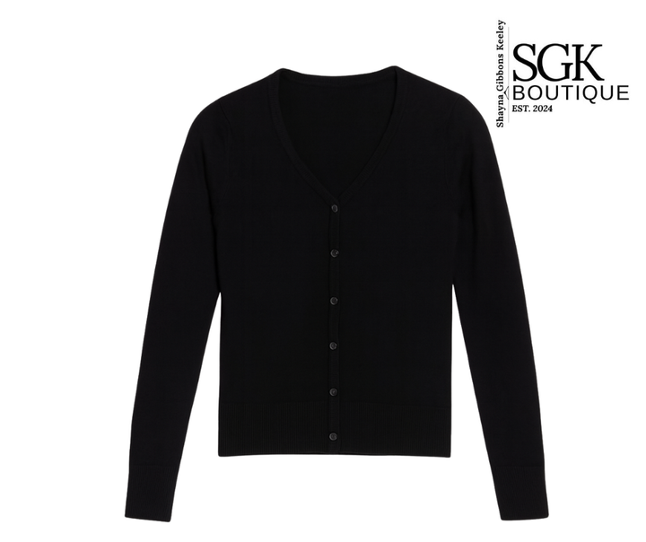 Black cardigan on a white background with SGK Boutique logo.