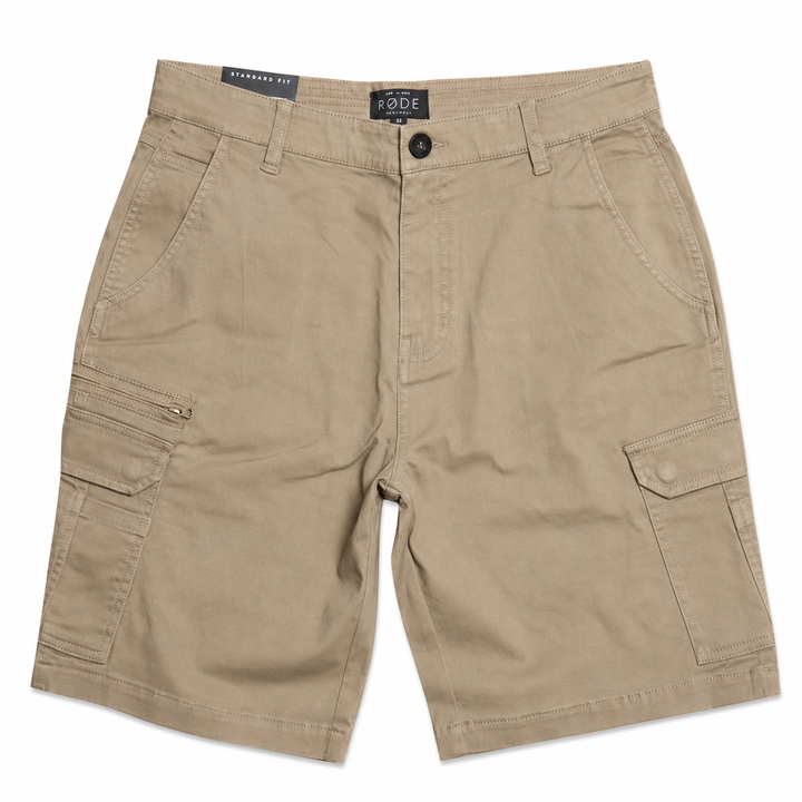 A pair of beige cargo shorts with multiple pockets and a button closure, laid flat on a white background. The brand label &