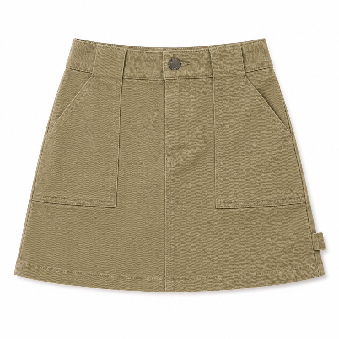 Khaki skirt with front button and two pockets on a white background