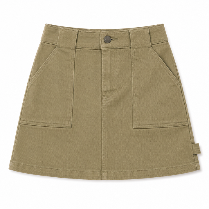 Khaki skirt with front button and two pockets on a white background