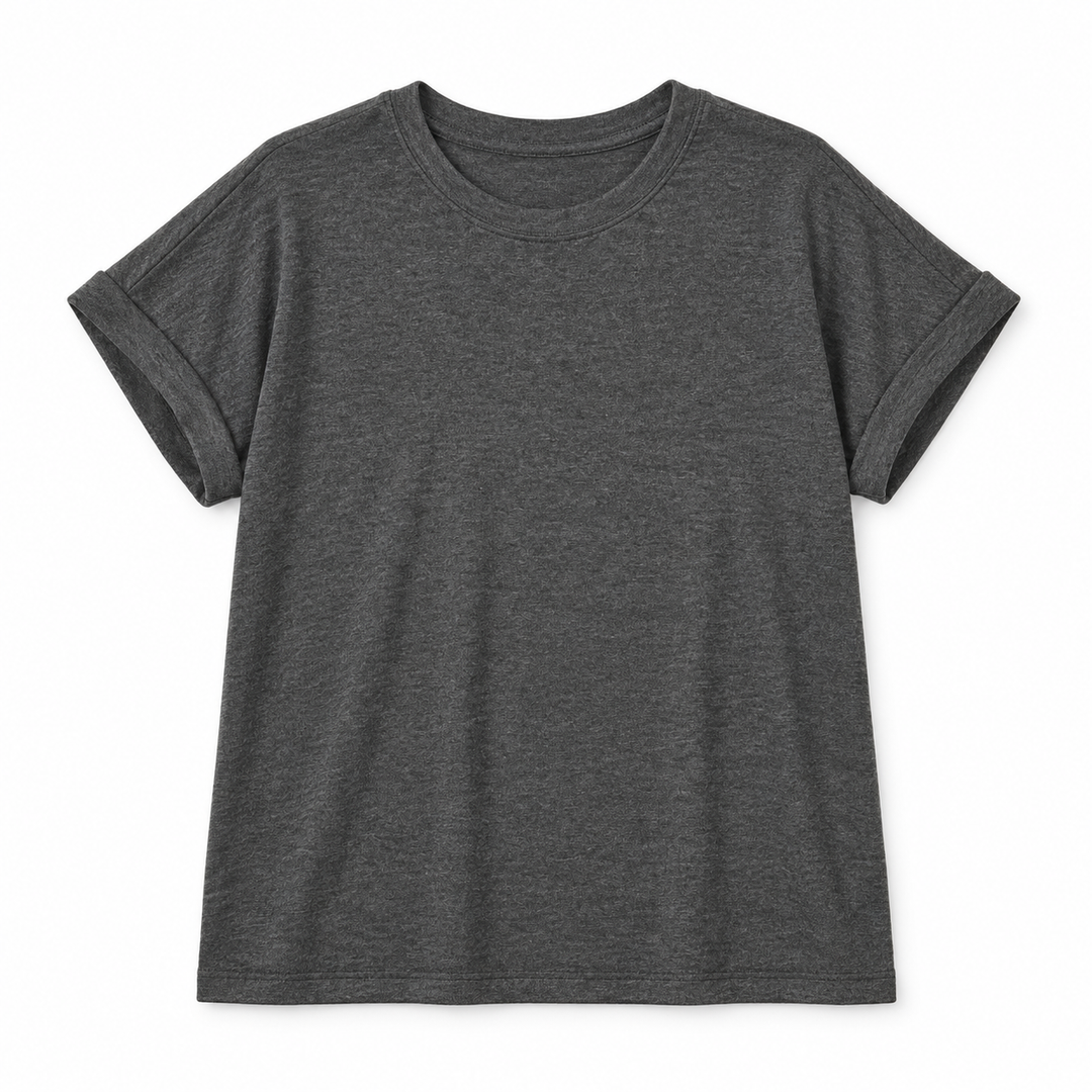 A dark heather gray short-sleeve crewneck t-shirt, shown flat against a solid white background.