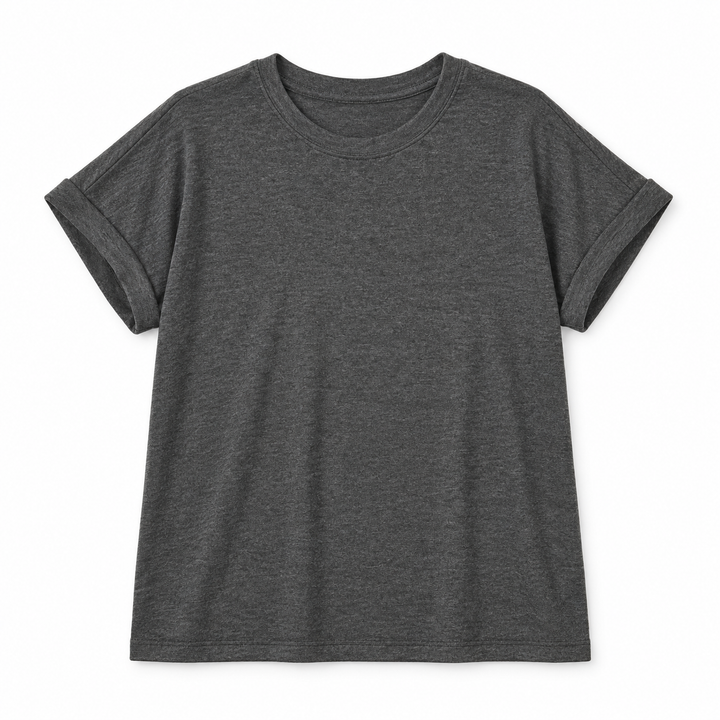 A dark heather gray short-sleeve crewneck t-shirt, shown flat against a solid white background.