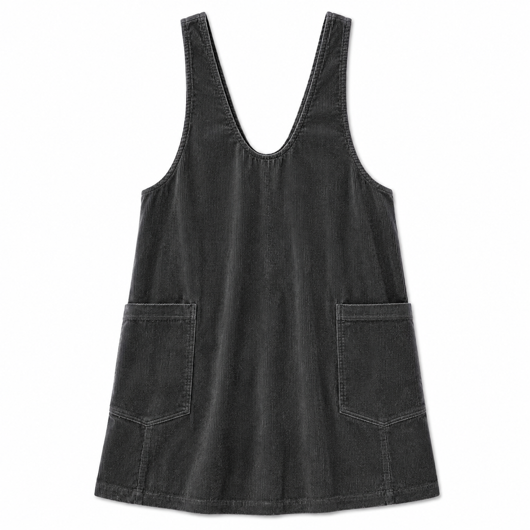 A dark charcoal gray corduroy pinafore dress with wide shoulder straps, a scoop neckline, and two front patch pockets, shown flat on a white background.