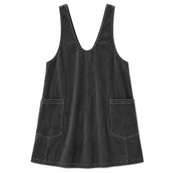 A dark charcoal gray corduroy pinafore dress with wide shoulder straps, a scoop neckline, and two front patch pockets, shown flat on a white background.