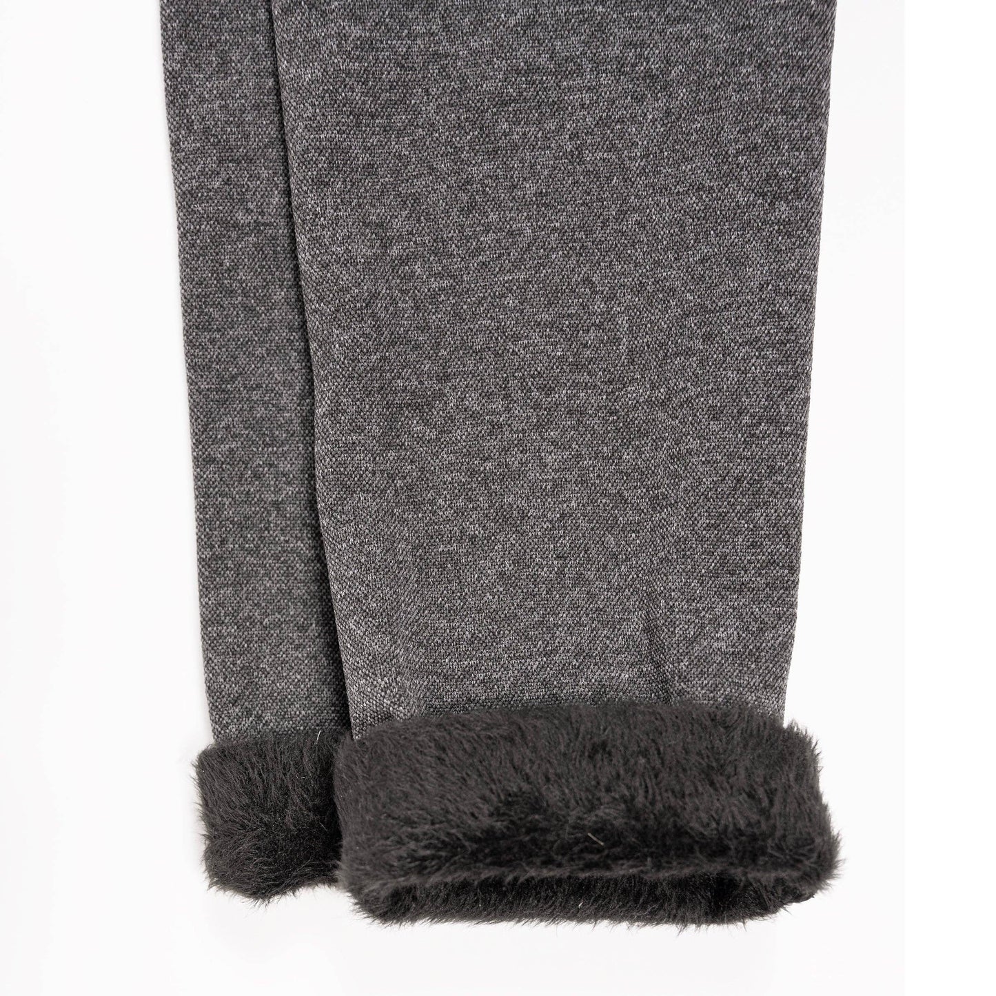 Gray leggings with inside charcoal fuzzy material inside the leggings on a white background.