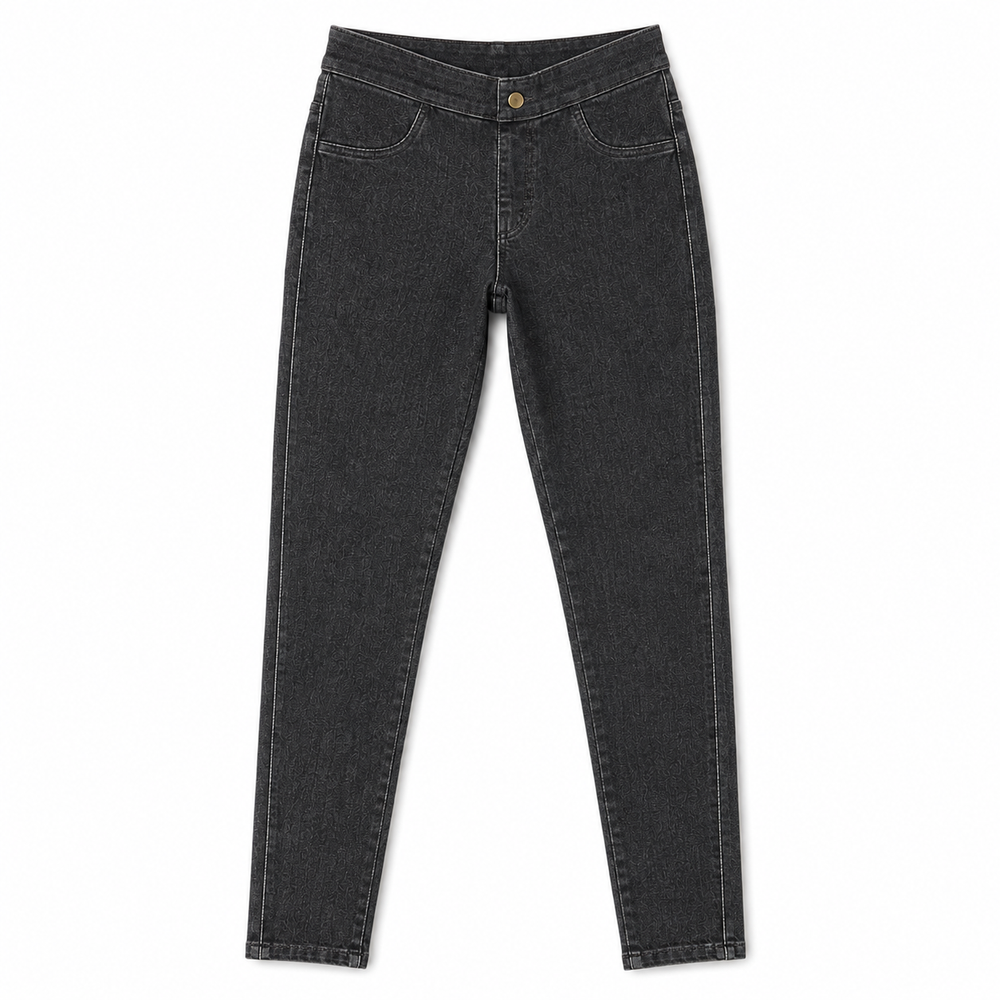 A pair of dark gray knit pull-on jegging with a single gold button, displayed flat against a solid white background.