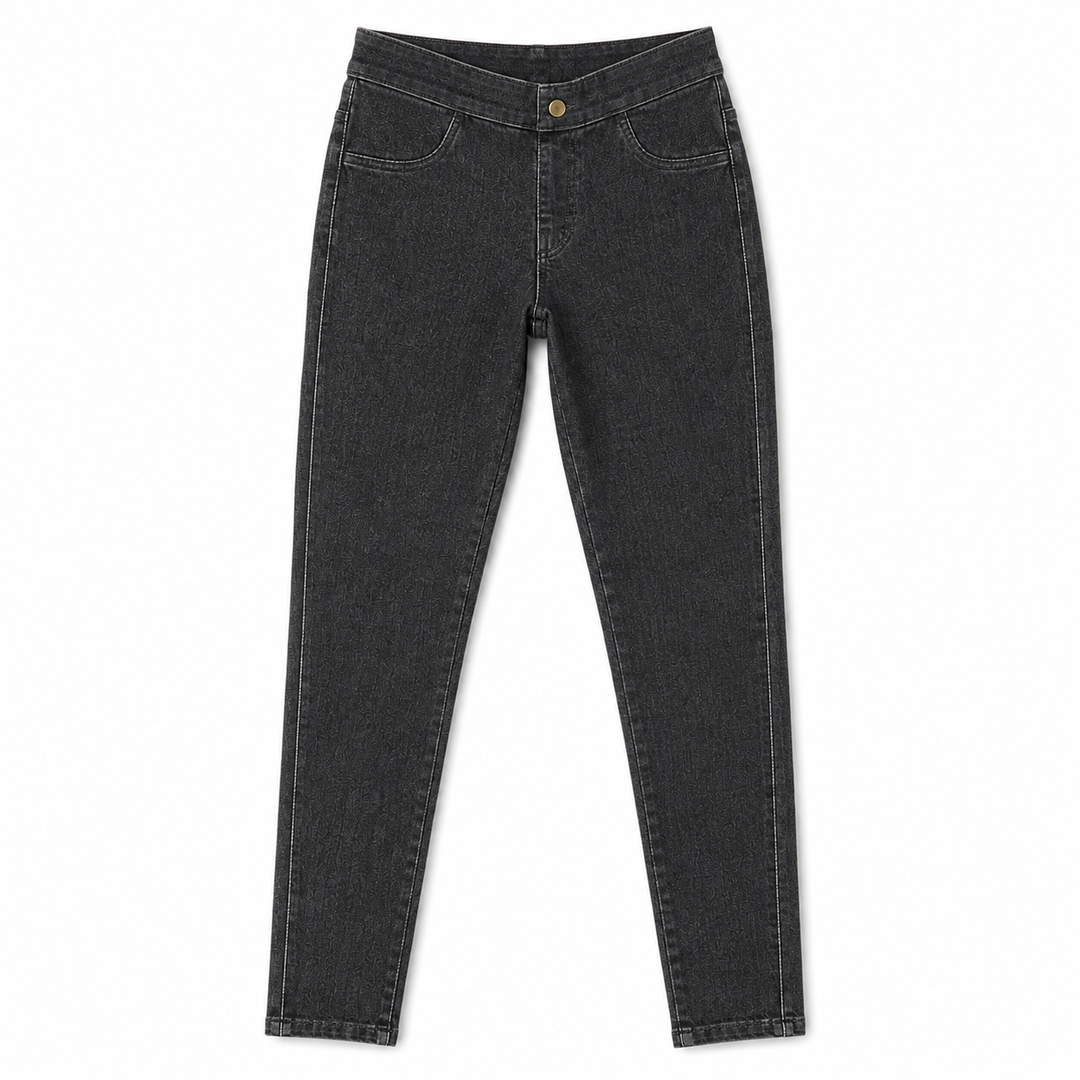 A pair of dark gray knit pull-on jegging with a single gold button, displayed flat against a solid white background.