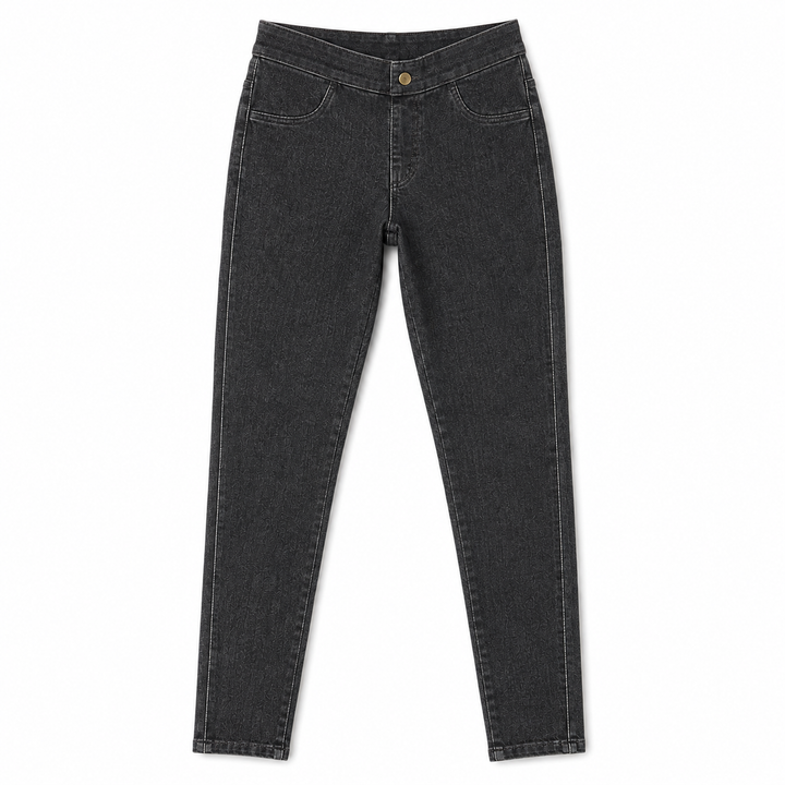 A pair of dark gray knit pull-on jegging with a single gold button, displayed flat against a solid white background.